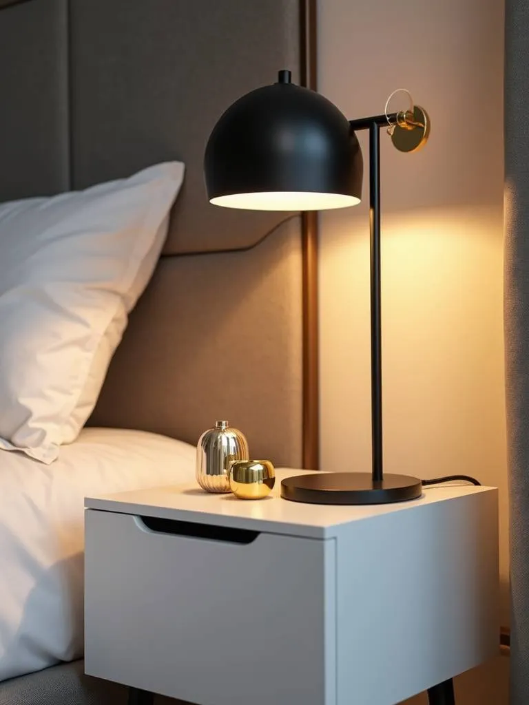 Modern bedroom bedside featuring a black metal lamp and gold metallic accents for a touch of elegance.