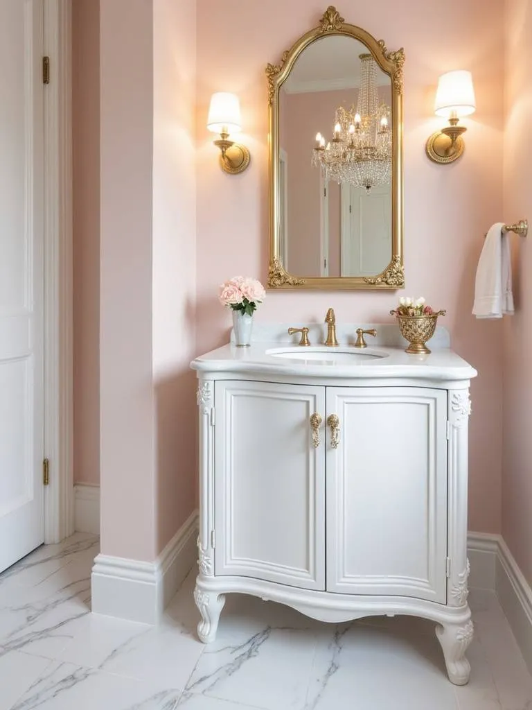 “A white vanity with gold hardware adds a touch of metallic glam to a small bathroom.”
