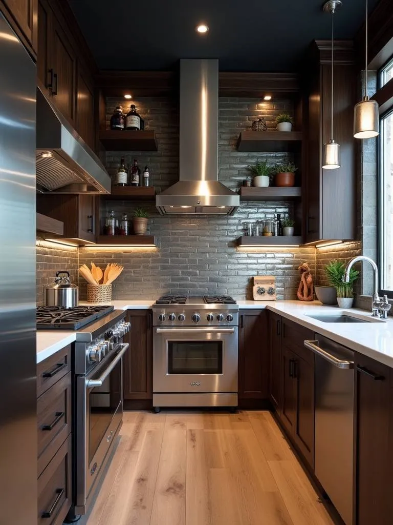 Modern industrial kitchen with a brushed stainless steel tile backsplash and dark wood cabinets
