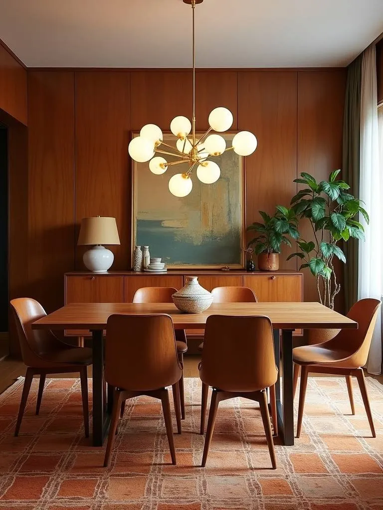 Mid-century modern dining room with an atomic age-inspired chandelier and walnut dining table