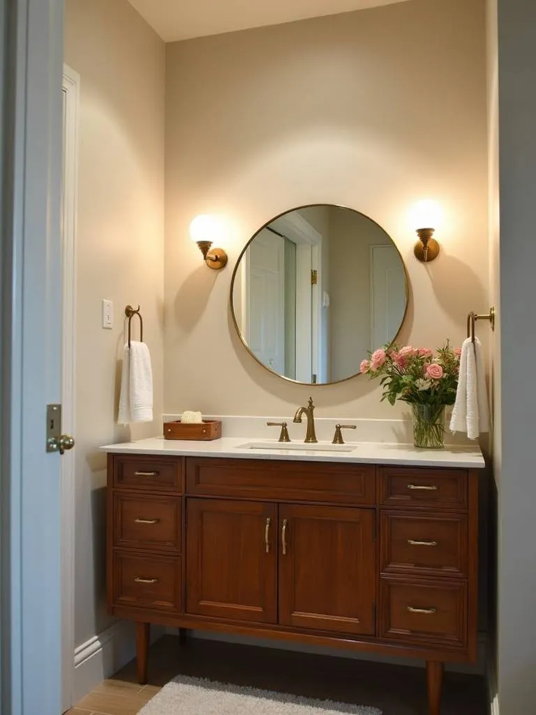 A mid-century modern bathroom featuring globe sconces with brass arms and opal glass globes flanking a round mirror above a walnut wood vanity. The lighting is soft and warm, capturing the essence of mid-century modern design.