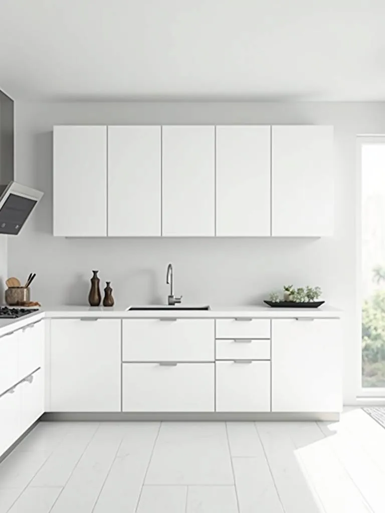 Modern kitchen with a minimalist all-white color palette and sleek, handleless cabinets