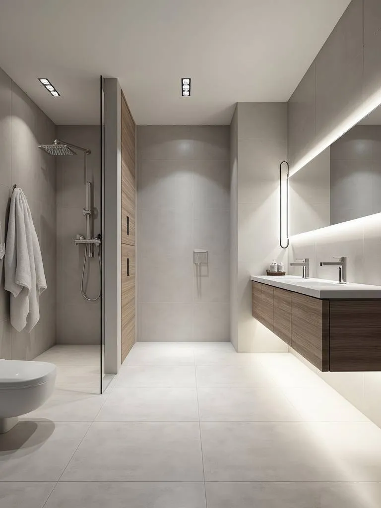 Serene minimalist bathroom with large format light grey porcelain tile floor and frameless shower.