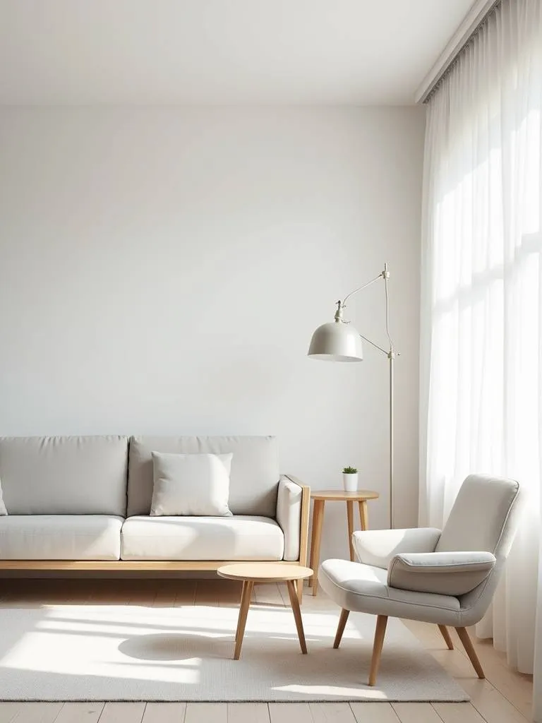 “Minimalist living room featuring essential furniture in neutral tones, clean lines, uncluttered space, and abundant natural light, embodying a ‘less is more’ design philosophy.”