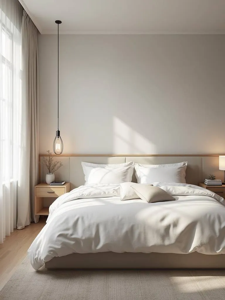 Elegant minimalist luxury bedroom with a neutral palette and understated sophistication.