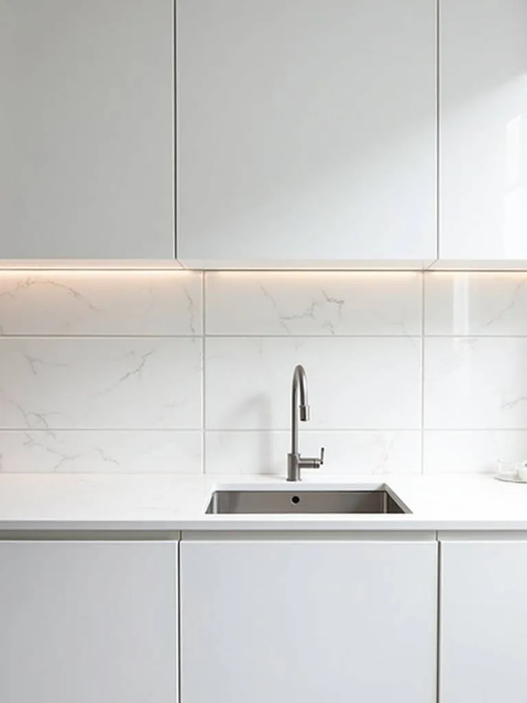 Ultra-minimalist kitchen with a large format white tile backsplash and handleless white cabinets
