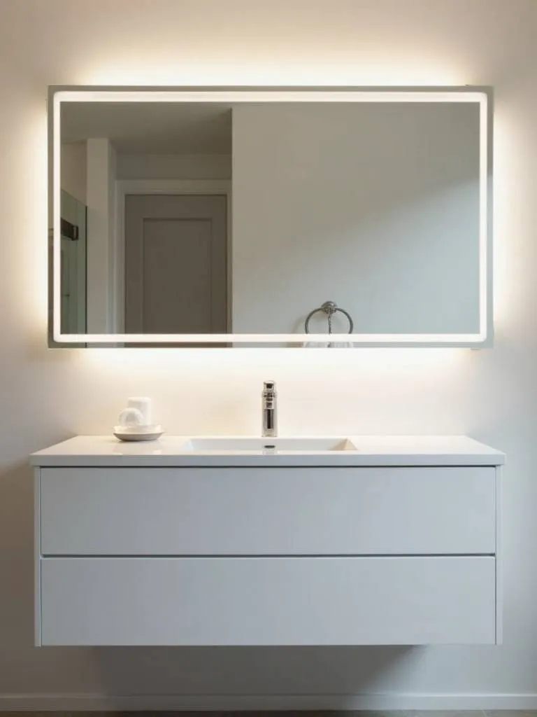 A minimalist modern bathroom featuring flush-mounted LED strip lighting around a frameless rectangular mirror above a white floating vanity. The integrated LEDs provide clean, bright, and even functional lighting.