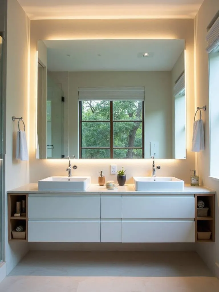 Modern bathroom with a large frameless mirror reflecting natural light and greenery