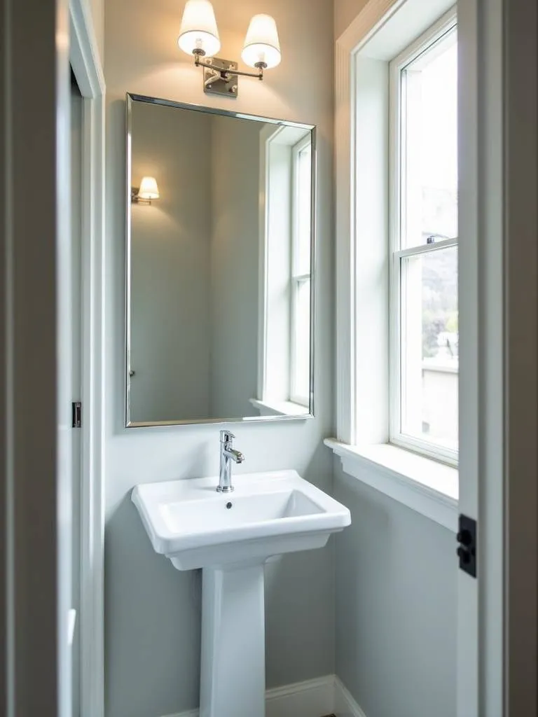 “A small, elegant bathroom appears larger and brighter due to a large frameless mirror reflecting light from a window.”