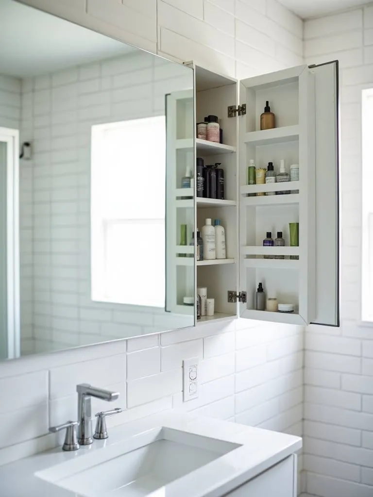 A large wall-mounted mirror with hidden storage. The open door reveals neatly organized bathroom products with soft lighting and white modern tile in the background.