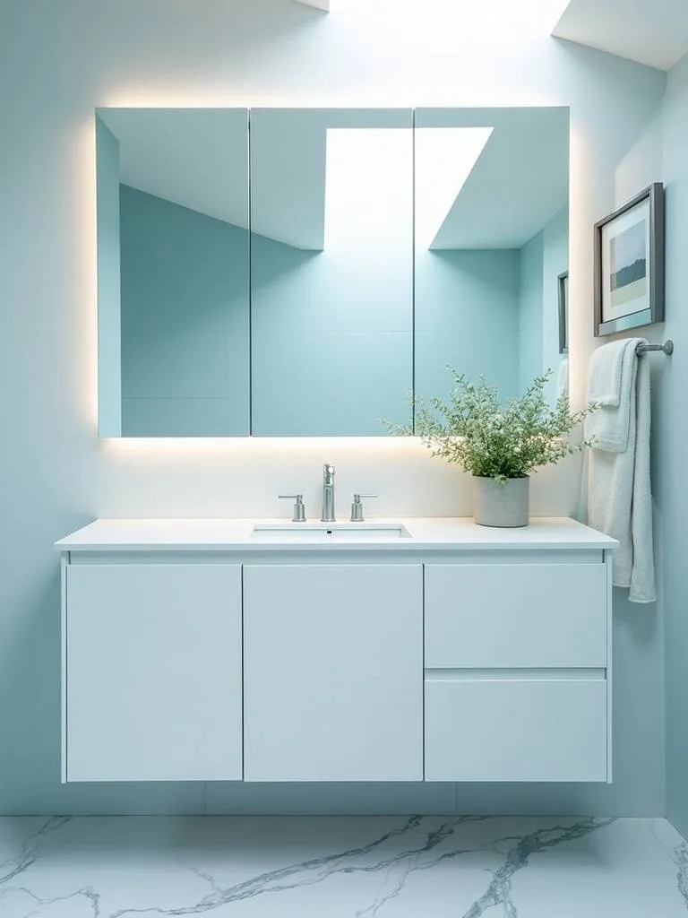 “A white vanity with a large integrated mirror cabinet and built-in lighting in a small bathroom.”