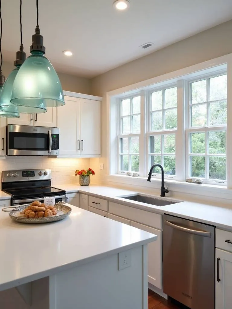 A modern kitchen featuring misty blue glass pendant lights.