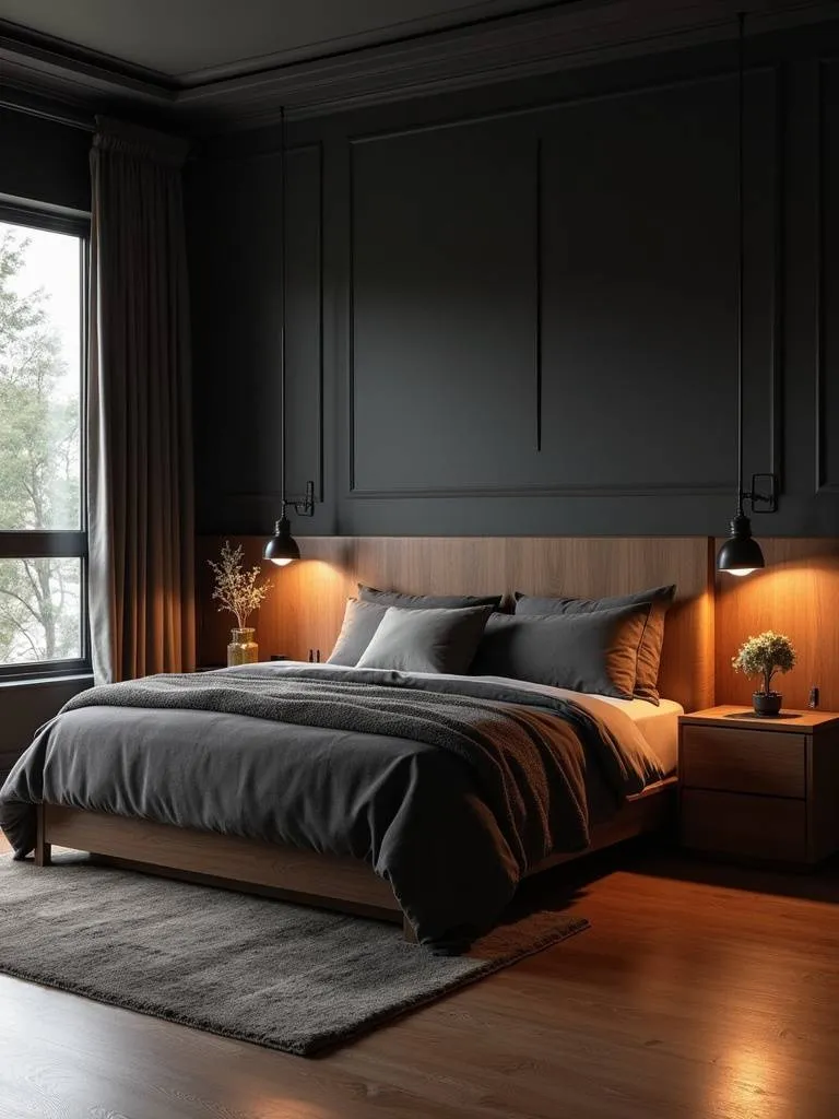 Warm and inviting black bedroom decor contrasted with natural wood tones in flooring, nightstands, and headboard, illuminated by soft evening light.
