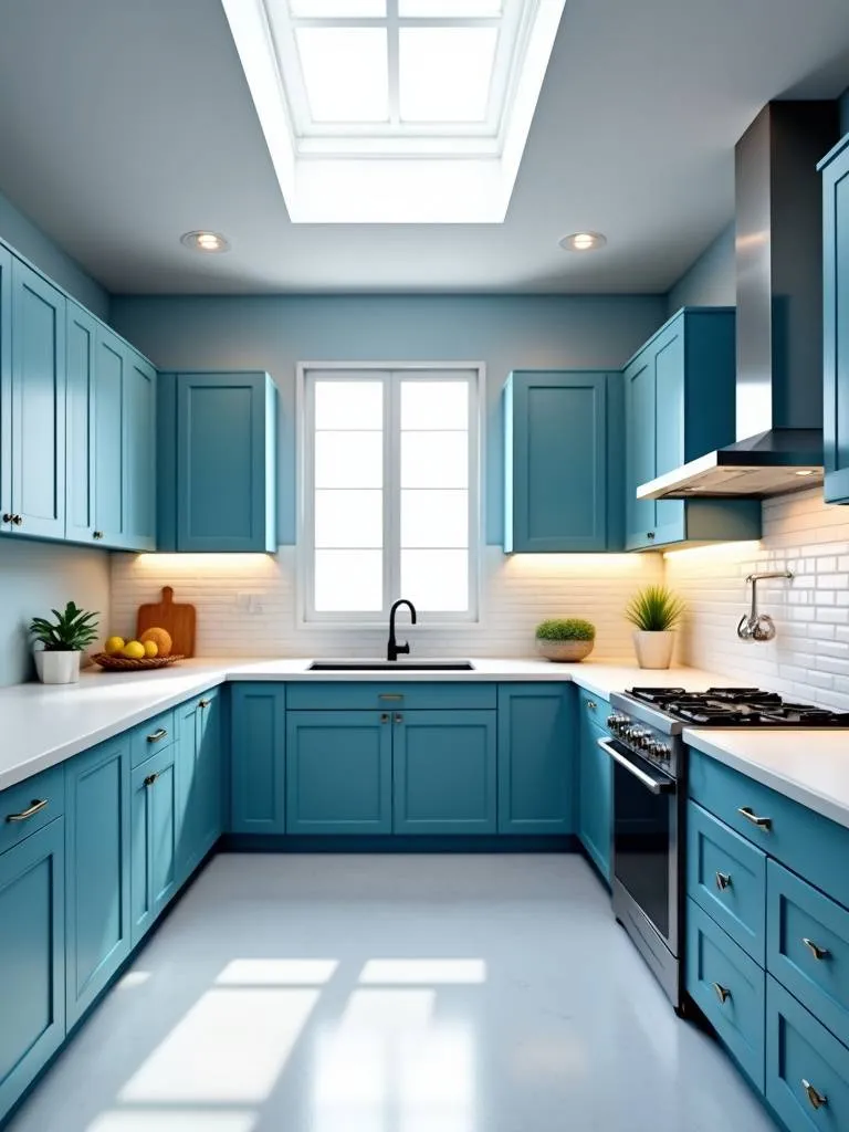 A kitchen decorated with different shades of blue for a harmonious design.