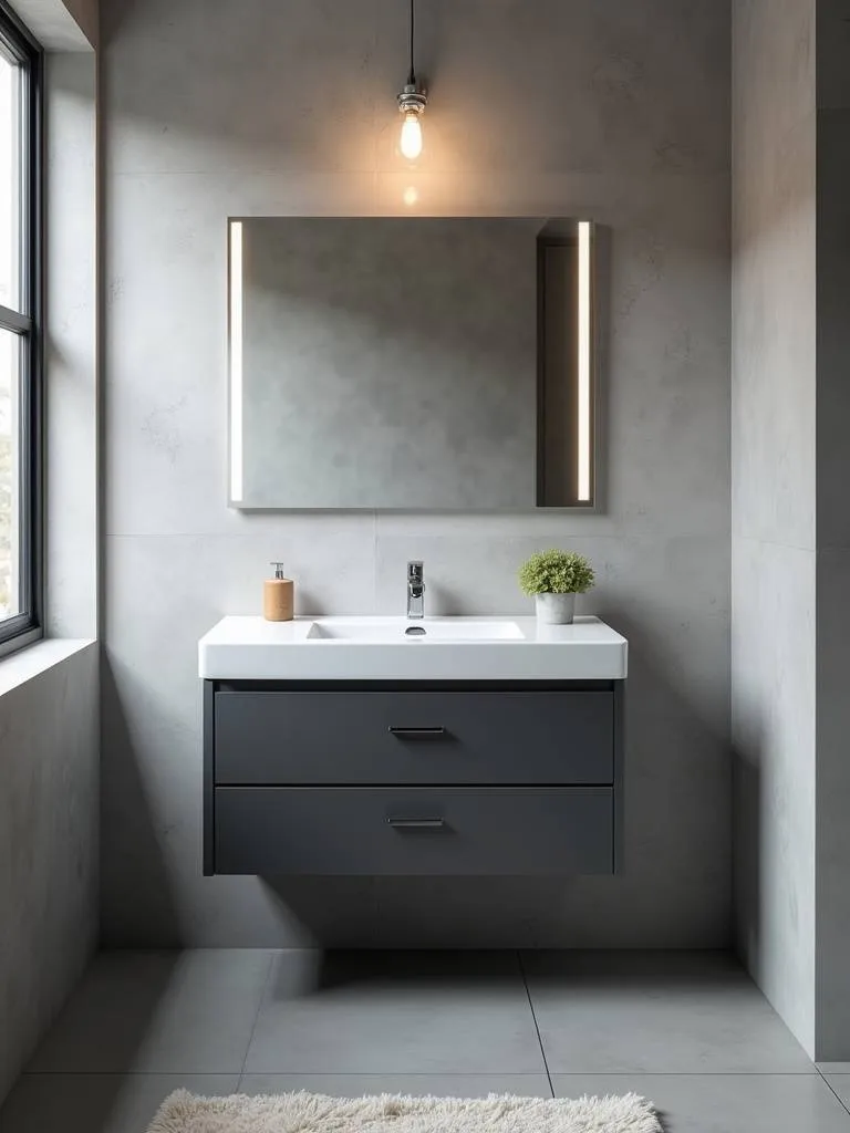 “A dark grey flat-panel modern vanity with an integrated sink in a sleek, contemporary bathroom.”