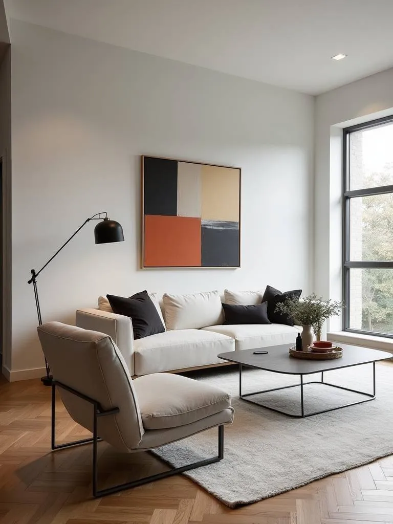 “Modern living room featuring clean lines, geometric furniture, metal accents, a statement art piece, and a neutral palette with pops of color, creating a sleek and sophisticated space.”