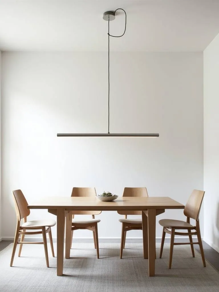 Modern dining room with a minimalist linear pendant light fixture above a light wood table