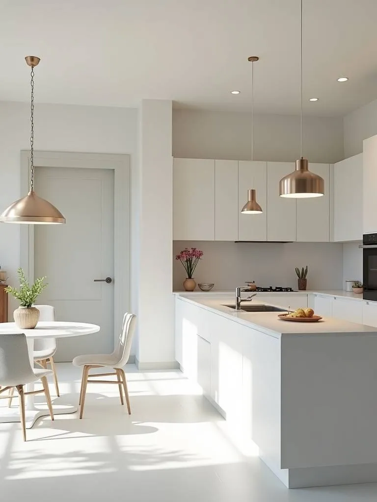 Modern minimalist kitchen illuminated by understated ceiling fixtures.