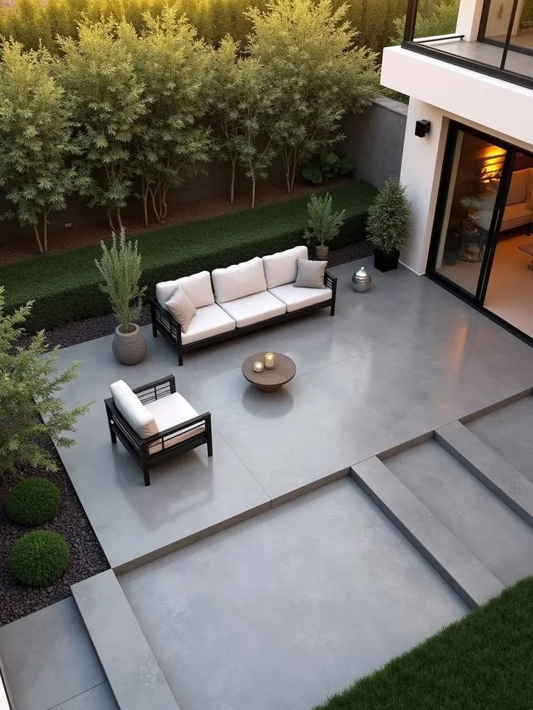 A clean modern minimalist patio with concrete surface and sleek lines.