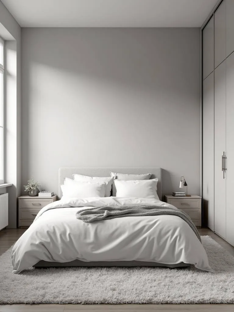 Monochromatic modern bedroom in varying shades of light gray, creating a serene and calming atmosphere.