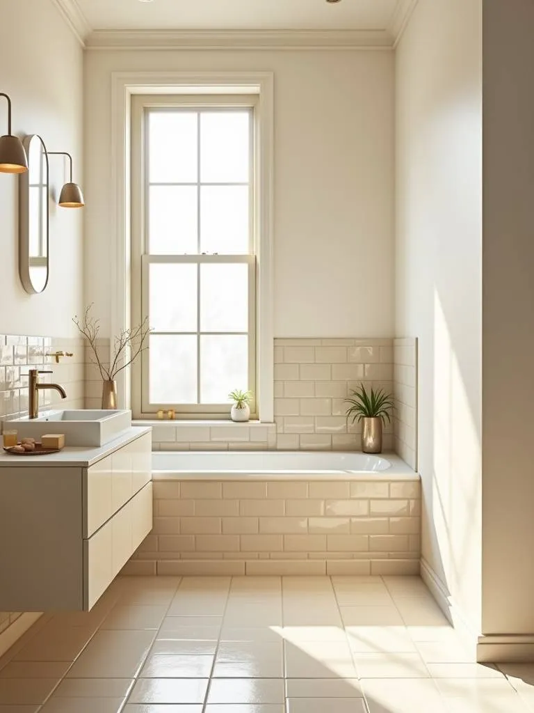 “An elegant small bathroom designed with a monochromatic beige and cream color scheme for a spacious and seamless appearance.”