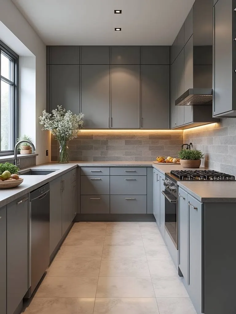 A sophisticated modern kitchen with a monochromatic grey color scheme, featuring varying shades of grey in cabinets, countertops, and backsplash