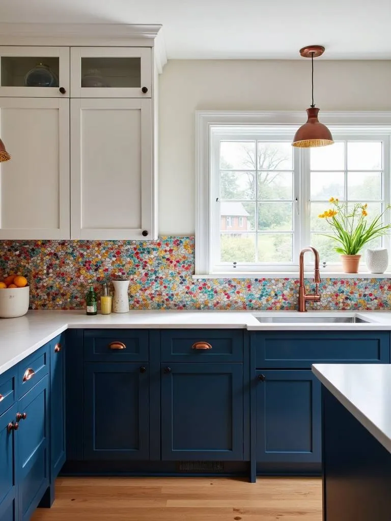Colorful eclectic kitchen featuring a vibrant multi-colored glass mosaic tile backsplash