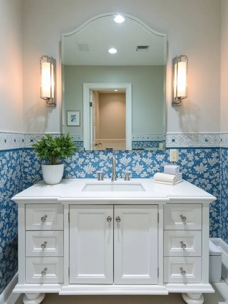 Bathroom vanity with a blue and white floral mosaic tile backsplash, adding a touch of elegance and detail.