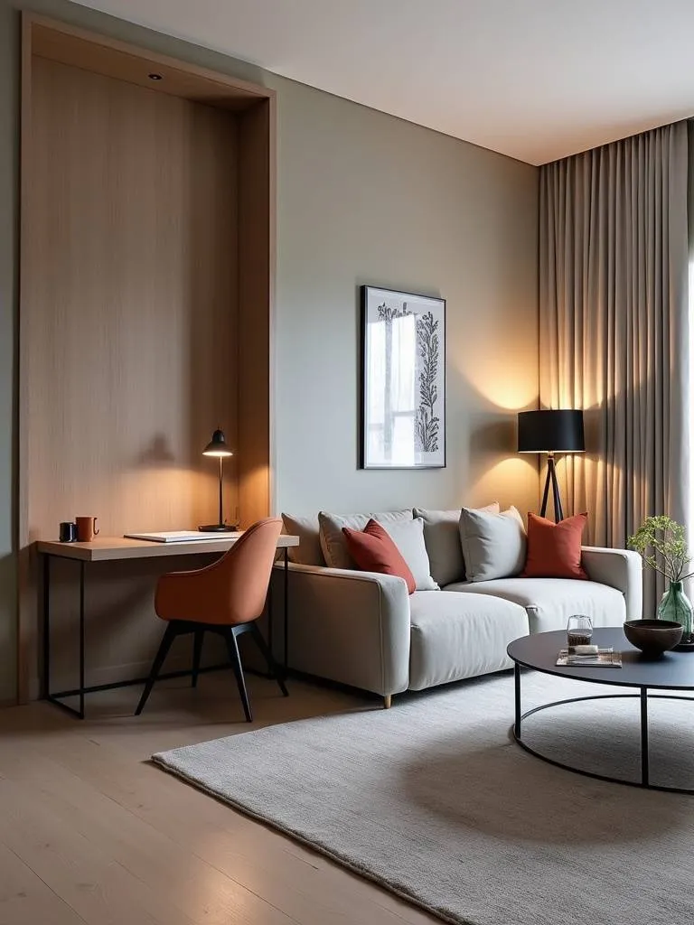 “Modern multi-functional living room zoned for work and relaxation, featuring a stylish desk area and a comfortable living space, designed for contemporary living.”
