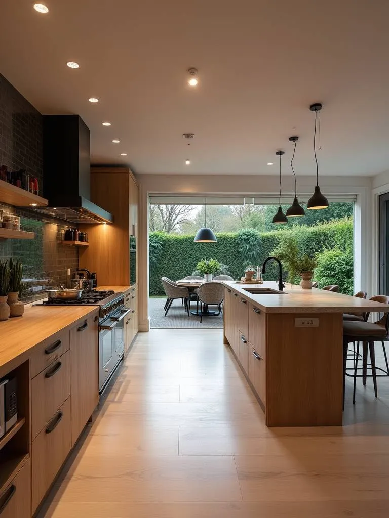Contemporary open-plan kitchen with distinct zones for cooking, dining, and socializing