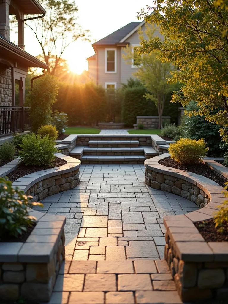 A multi-level patio design showcasing various heights and zones in a backyard.
