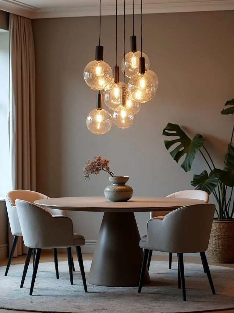 Dining room with a multi-pendant cluster light fixture creating a stylish focal point