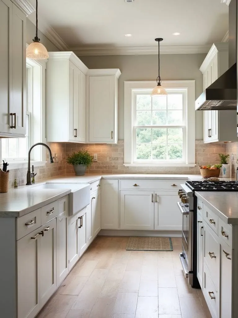 Rustic farmhouse kitchen with a natural travertine tile backsplash and white cabinets