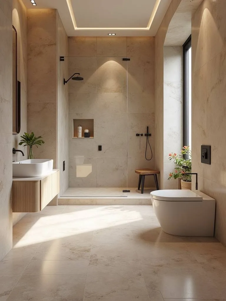 A luxury bathroom clad with floor-to-ceiling natural stone, enhancing elegance.