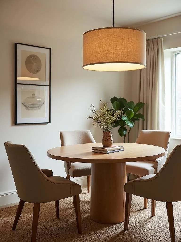 Warm dining room with a wood and linen drum pendant light fixture above a round table