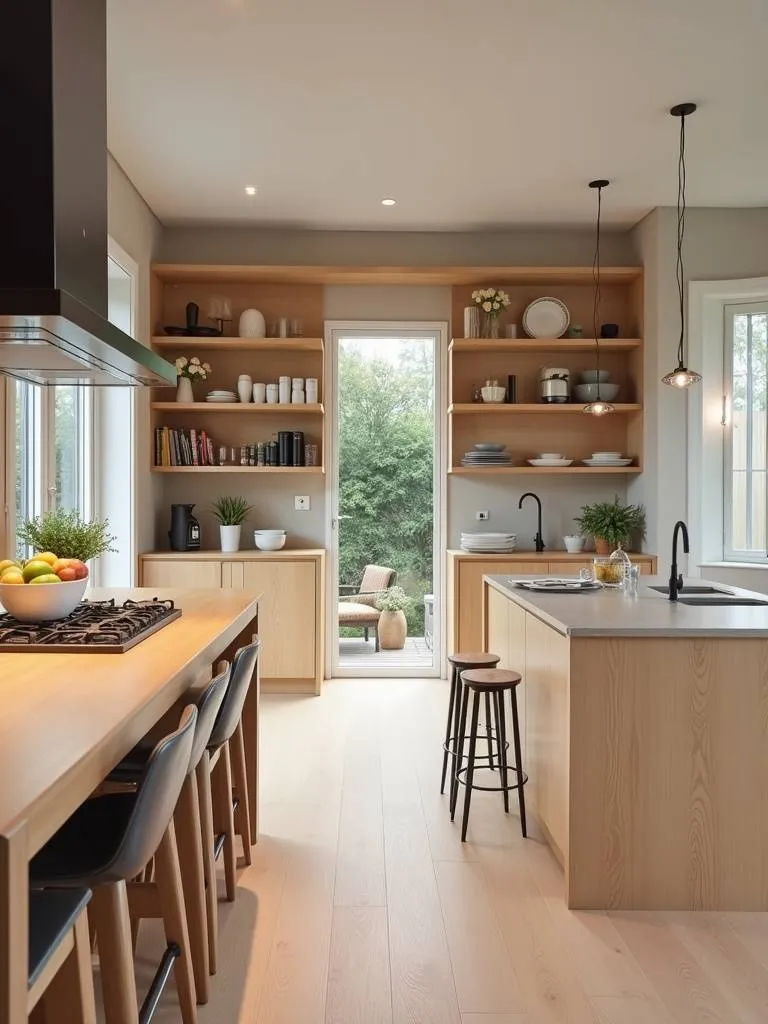 Modern kitchen with natural light wood accents on the island and open shelving