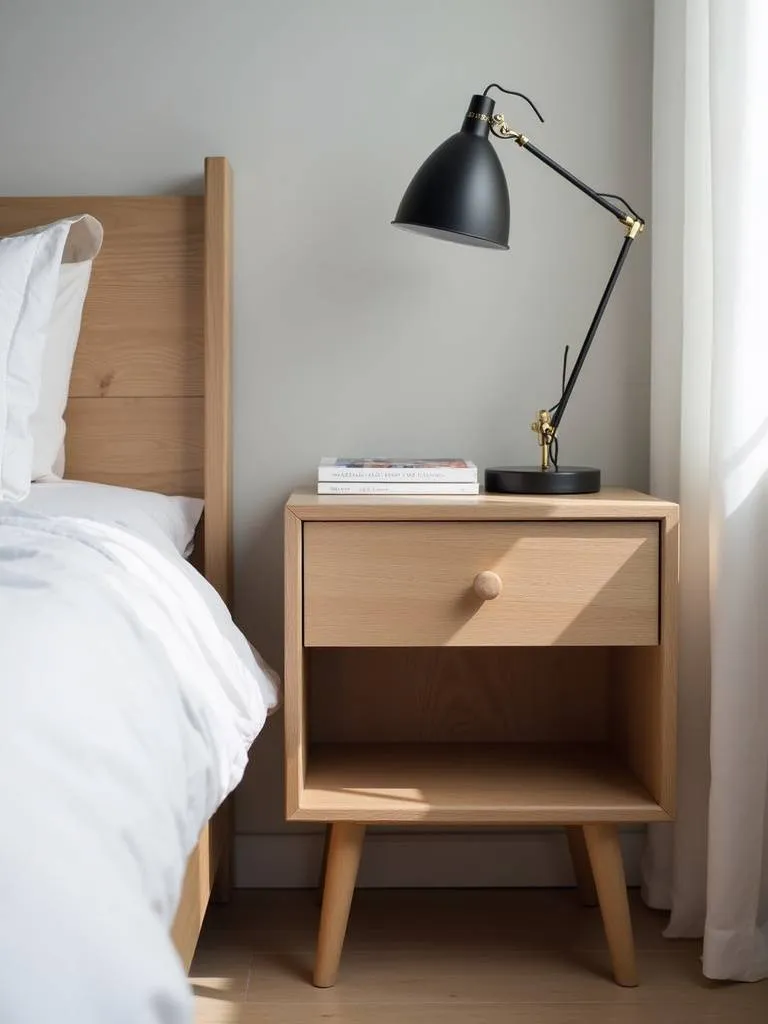 Modern bedroom bedside featuring a light oak wood nightstand adding natural warmth and texture.