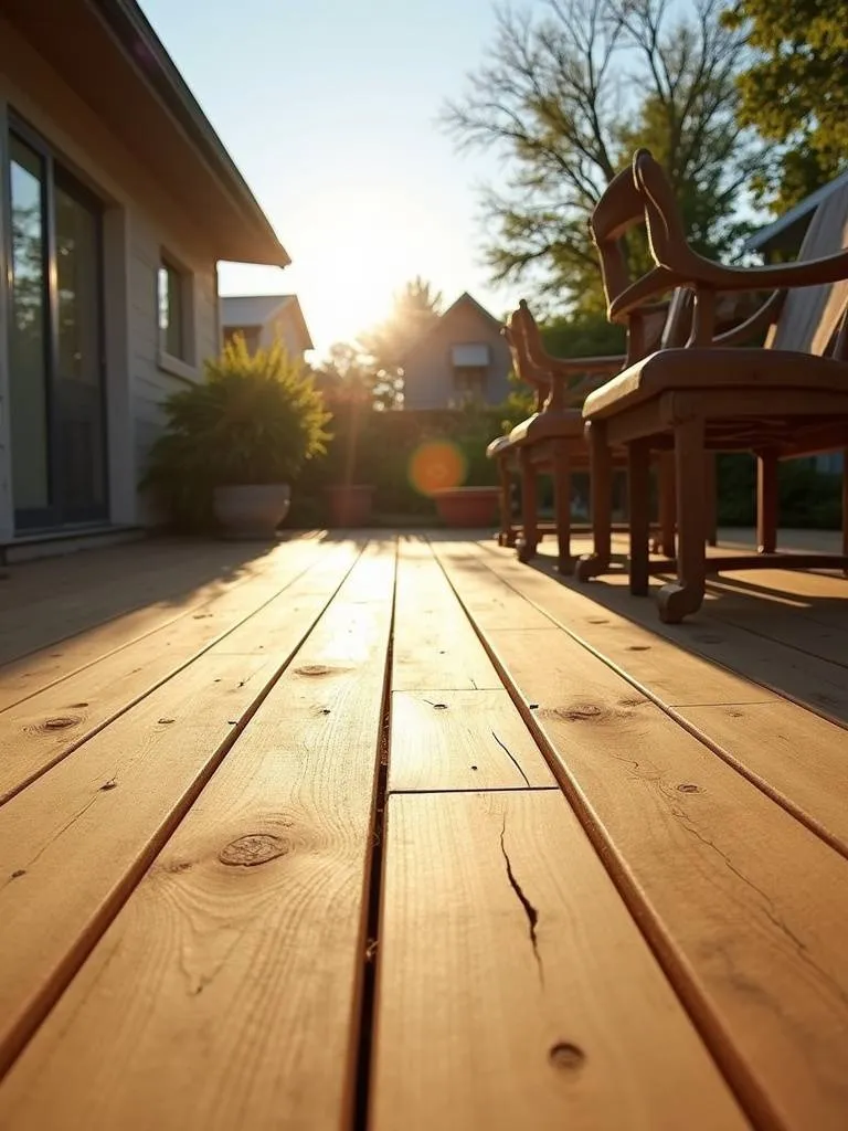 A backyard patio deck made of natural wood and outdoor furniture.