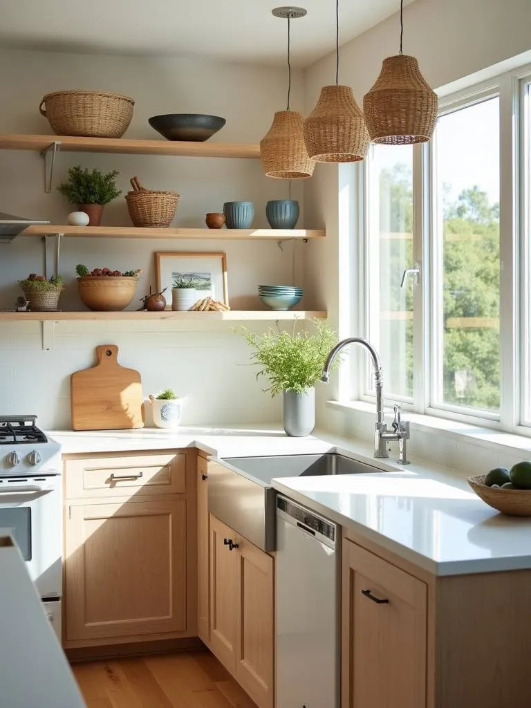 Coastal kitchen showcasing light oak cabinets, white countertops, and natural wood open shelving.