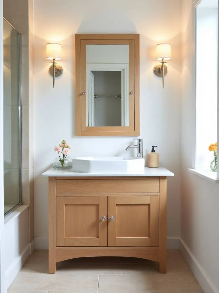 “A light oak wood vanity brings natural warmth and organic style to a small bathroom.”