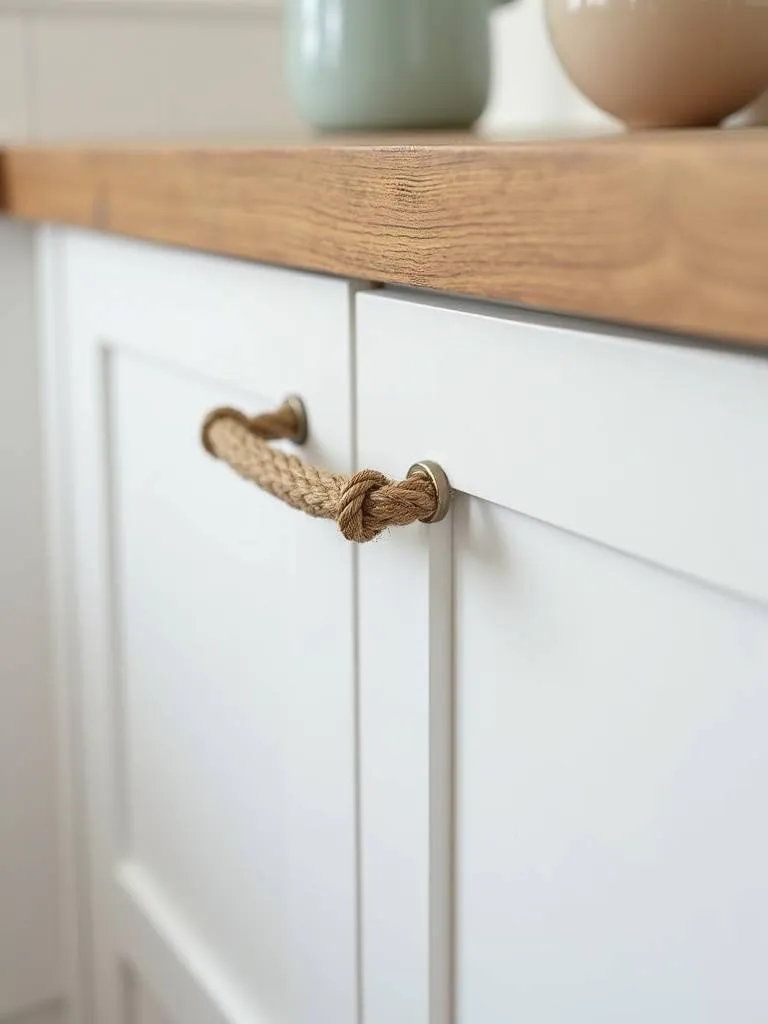 Close-up of a nautical rope handle on a coastal kitchen cabinet door.