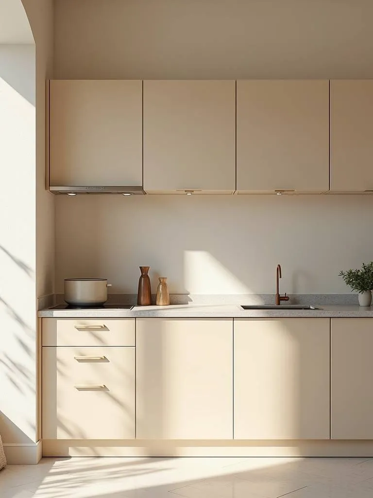 Contemporary kitchen with a warm neutral color palette of beige, grey, and cream