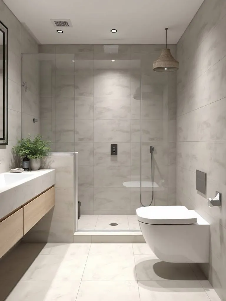 Minimalist bathroom with layered light grey neutral tiles on the walls and floor, creating a serene and sophisticated atmosphere.