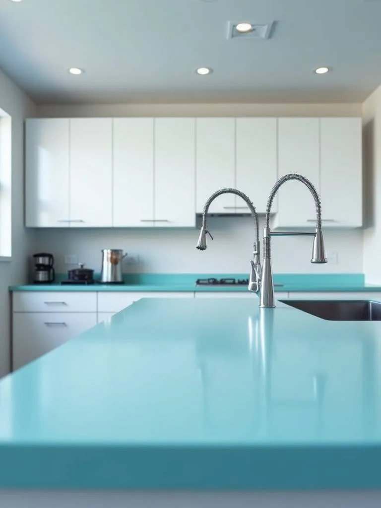 A well lit kitchen with a sleek ocean blue countertop.