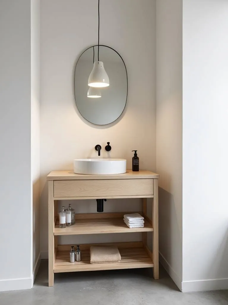 A light wood minimalist vanity with open shelving and decorative baskets in a bright bathroom