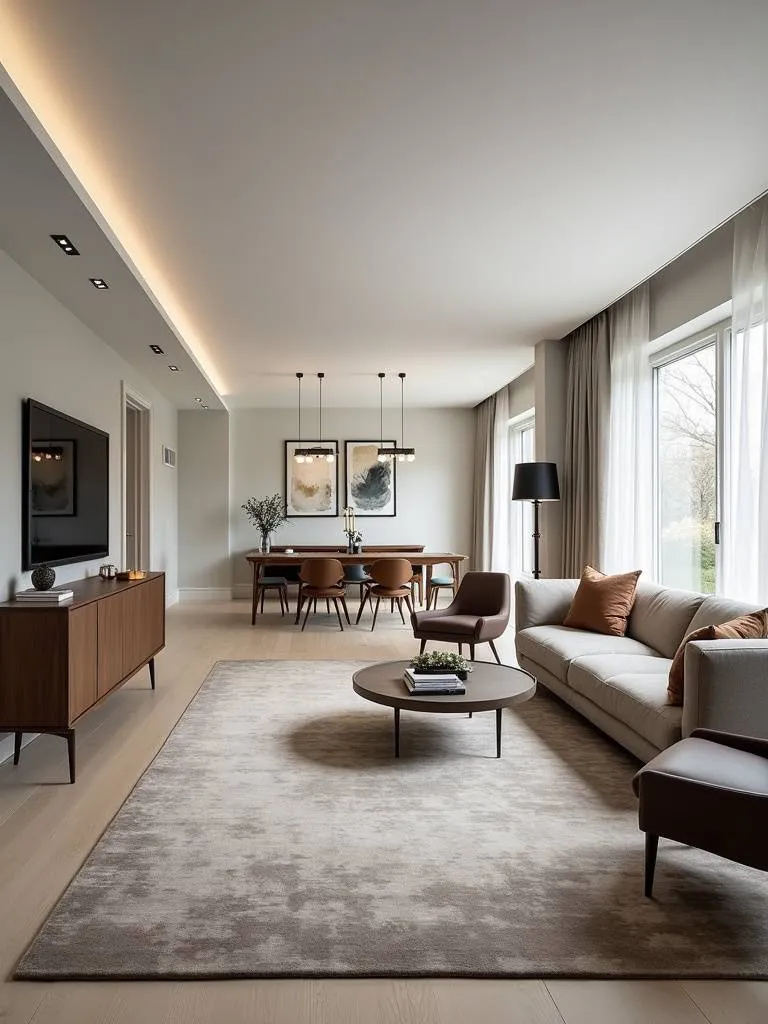 “Modern open plan living and dining area with zoning strategies including a rug defining the living room, a console table as a divider, and differentiated lighting to separate the spaces.”