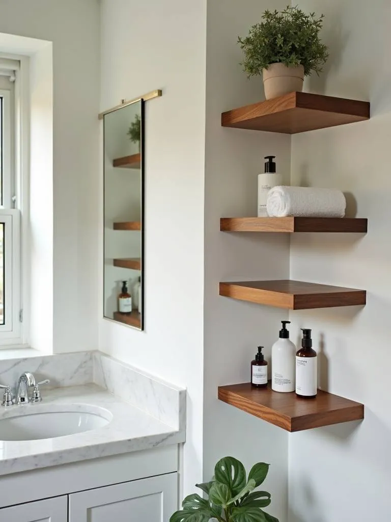Stylish open wooden shelving in a small bathroom, displaying curated towels, skincare, and decorative items