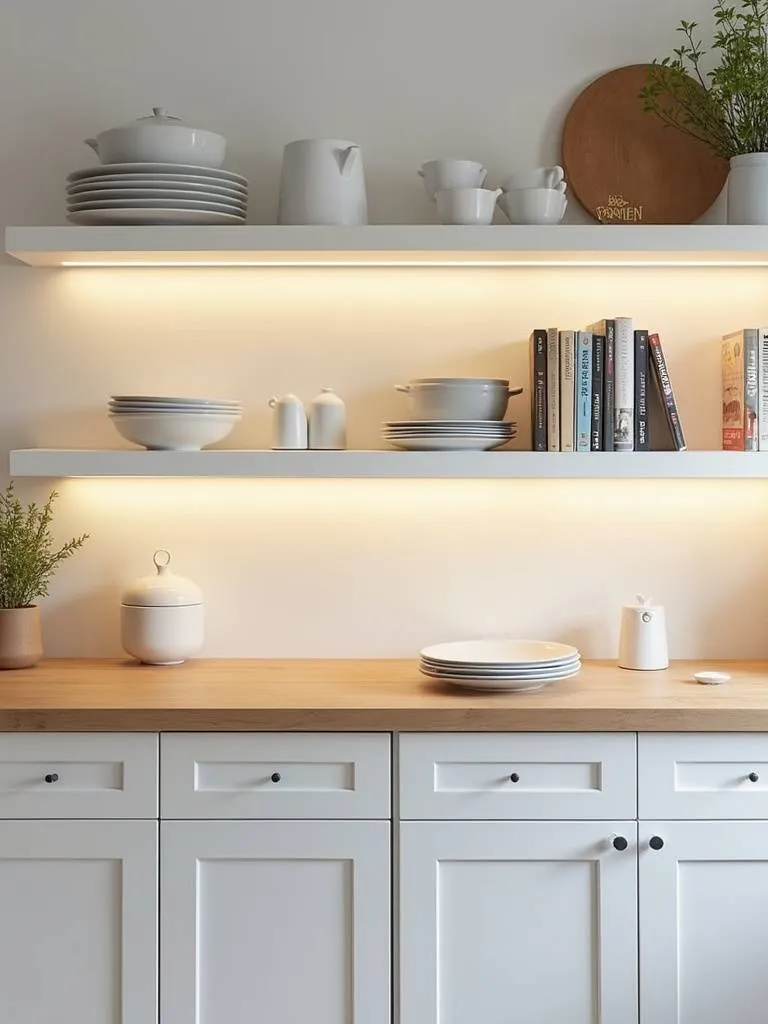 Modern kitchen with white open shelving displaying ceramics, cookbooks, and greenery