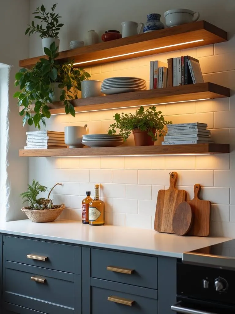 Contemporary kitchen with wooden open shelves displaying dishes, plants, and cookbooks