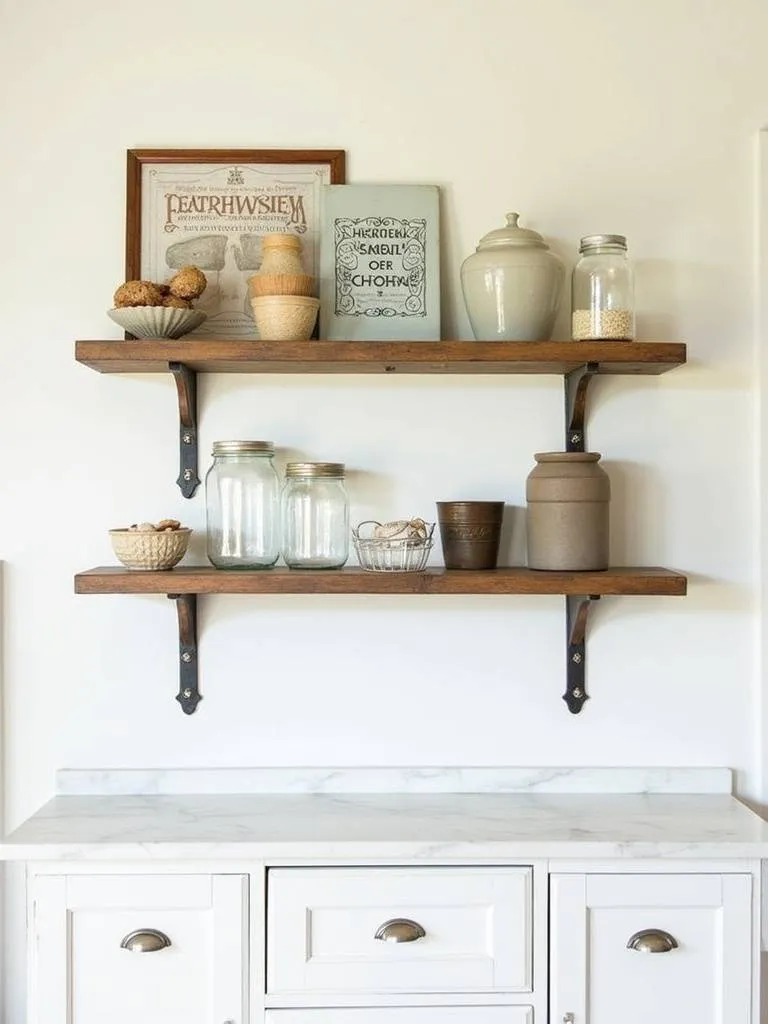 Rustic wooden open shelves showcasing a carefully curated collection of farmhouse kitchen items, including vintage pottery and organized pantry storage.